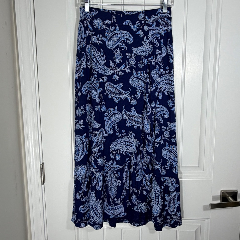 Blue Paisley Ruffle Hem Midi Viscose Stretch Boho Tiered Skirt Small